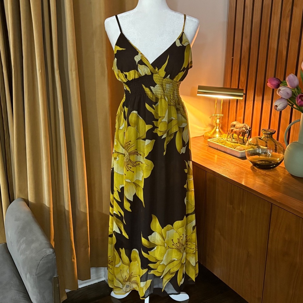 00s/Y2K‎ She's Cool Yellow Floral Maxi Dress Brown Smocked Empire Waist Size M